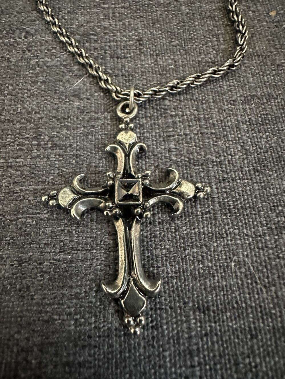 Silver Tone Gothic Cross Pendant Necklace Ornate Fleur de Lis Blackened Metal
